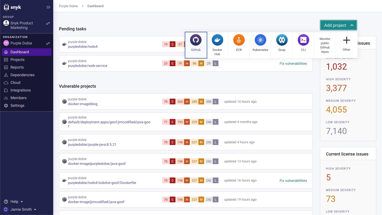 Snyk dashboard showing vulnerable projects and the expanded Add project menu with GitHub, Docker Hub, ECR, Kubernetes, Quay, CLI, and other options