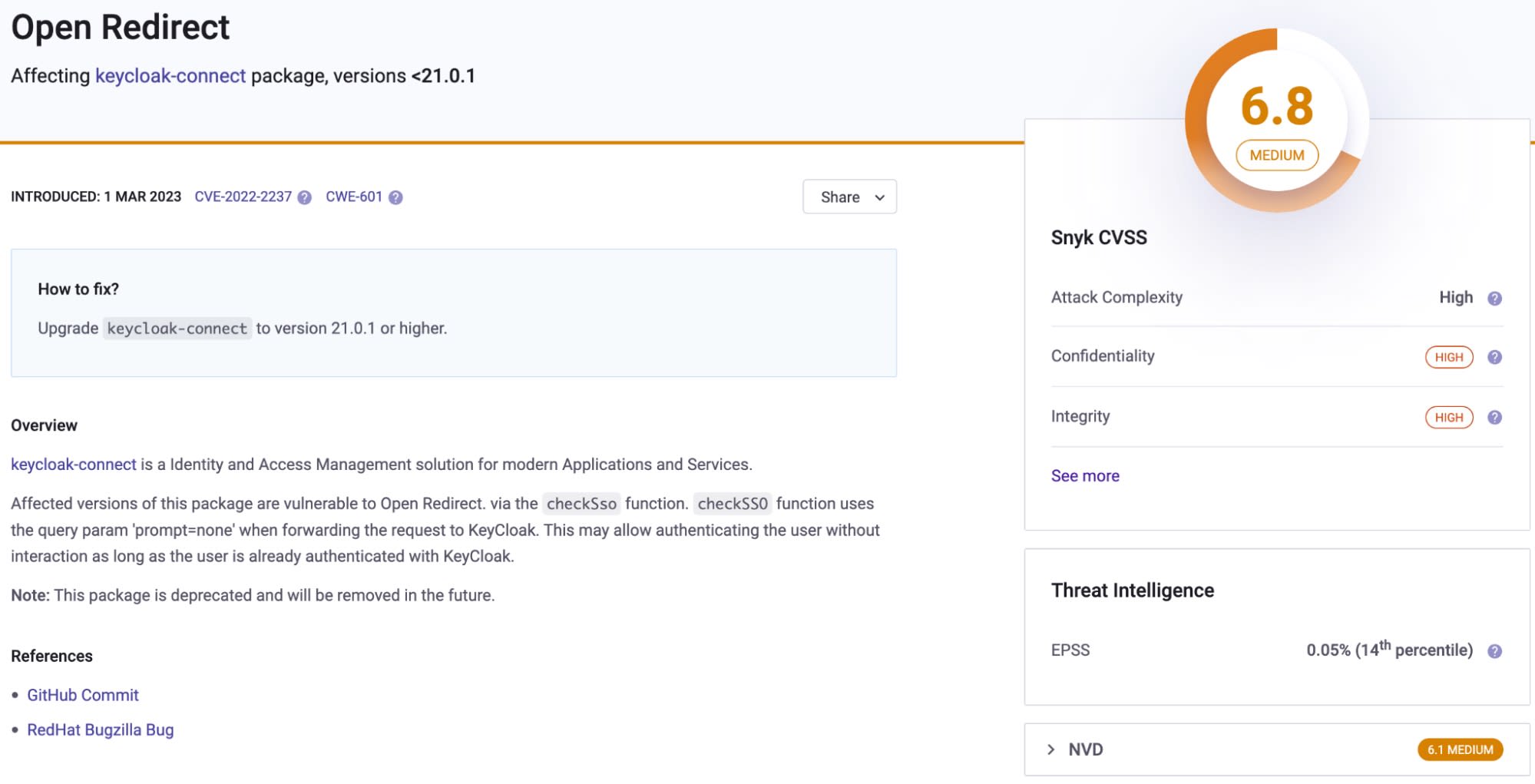 Page de vulnérabilité Snyk présentant une redirection ouverte dans les versions de keycloak-connect antérieures à la version 21.0.1, avec une gravité moyenne de 6,8.