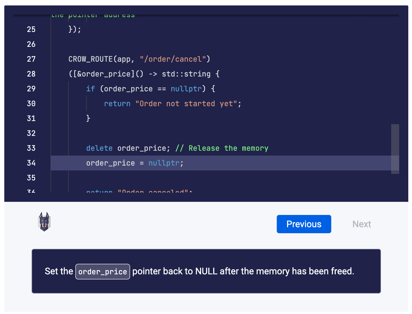 Code C++ mettant en évidence la suppression du pointeur order_price et sa réinitialisation à nullptr, avec des conseils pour éviter un pointeur pendant.