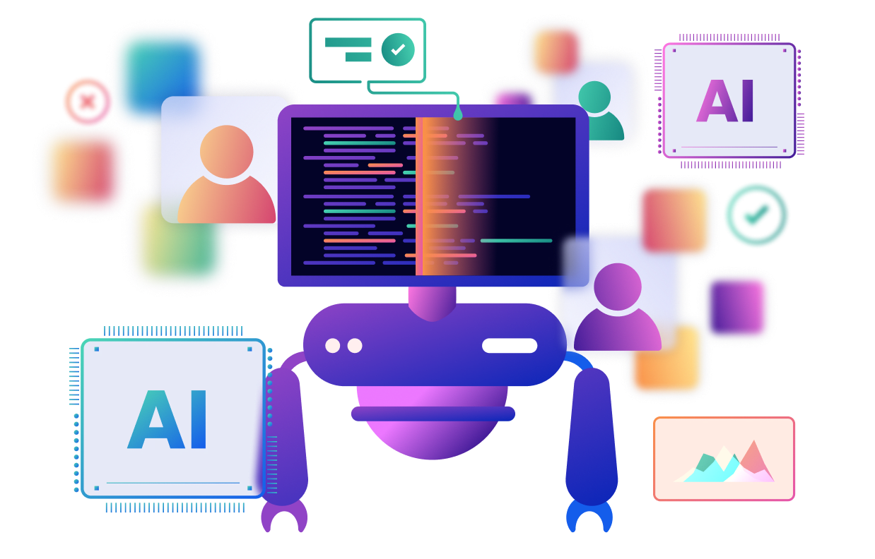Colorful illustration of AI-assisted code scanning, with code panels, AI chips, user profiles, and accuracy checkmarks