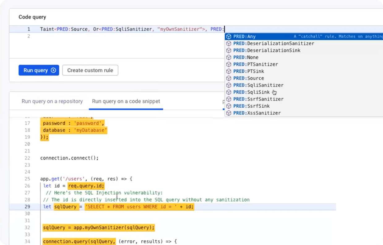 Code query editor with autocomplete suggestions for SQL sanitizers and highlighted JavaScript SQL injection code