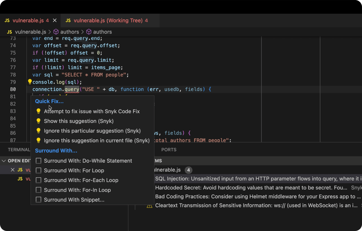 Dark-themed code editor showing a JavaScript SQL query flagged for SQL injection, with a Snyk Code Fix menu open and security issues listed below.