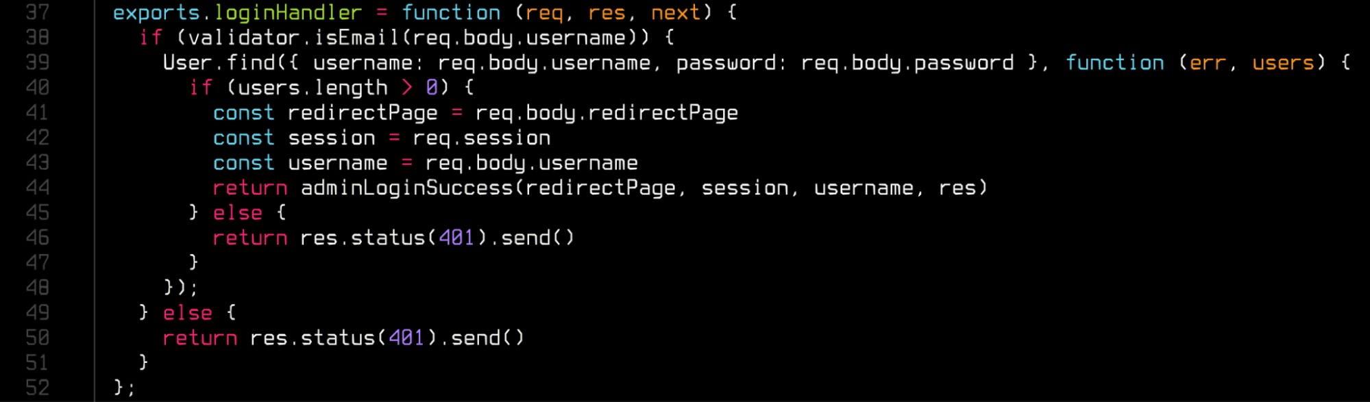 JavaScript-Code für einen Login-Handler, der eine E-Mail-Adresse validiert, einen Benutzer sucht, eine Sitzung erstellt und Erfolgs- oder 401-Antworten zurückgibt
