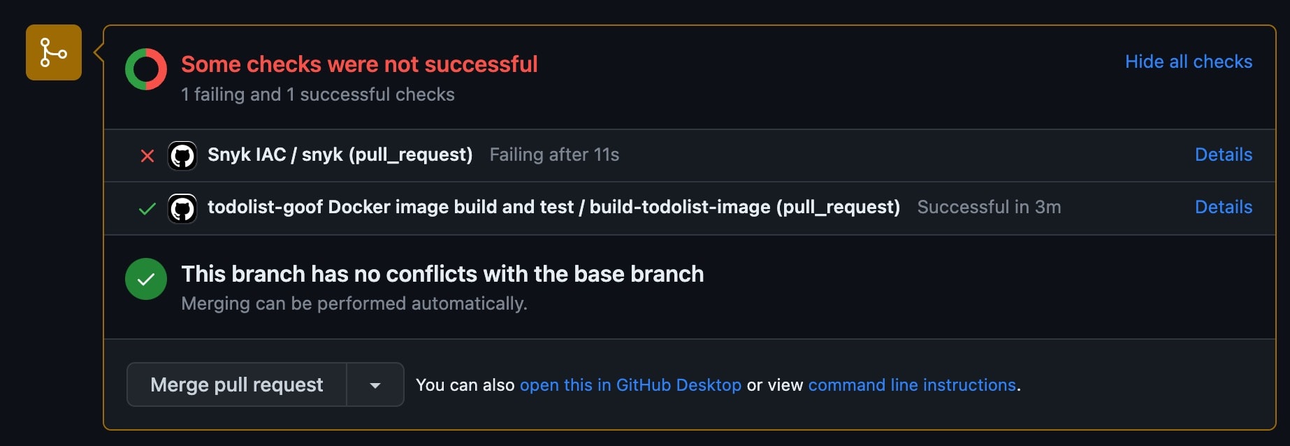 GitHub-Pull-Request-Prüfungen mit einer fehlgeschlagenen Snyk IaC-Prüfung, einem erfolgreichen Docker-Build und keinen Merge-Konflikten