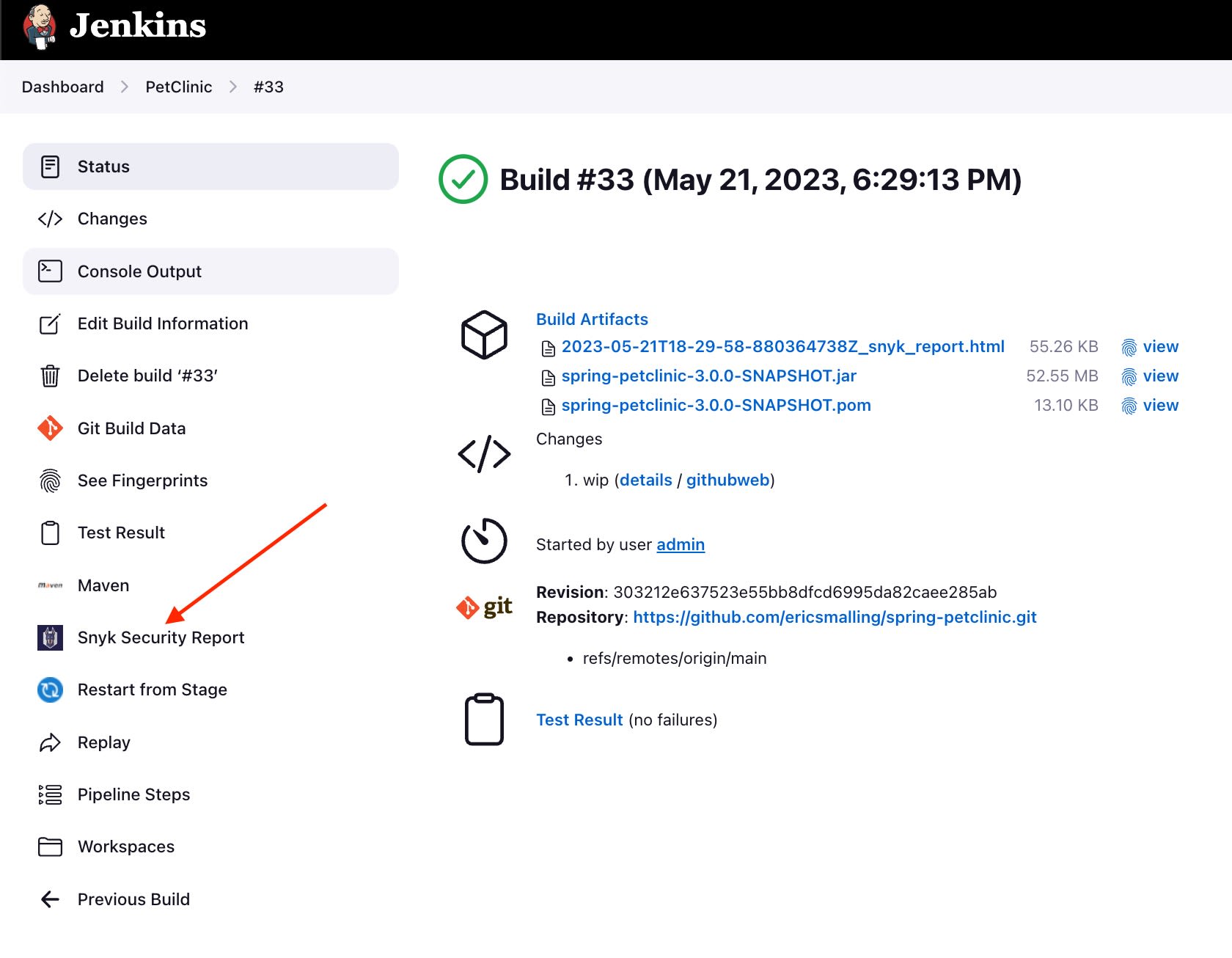 Jenkins-Build Nr. 33: Statusseite mit erfolgreichen Build-Artefakten, Testergebnissen und hervorgehobenem Menüpunkt „Snyk Security Report“