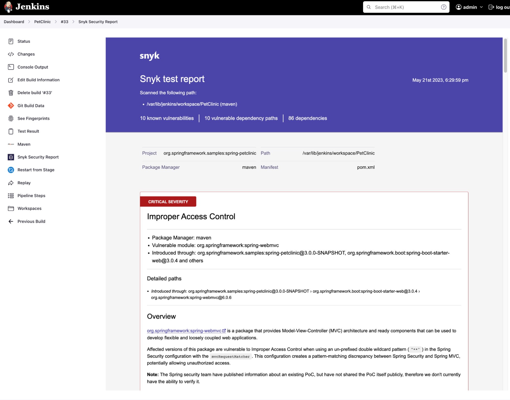 Jenkins-Snyk-Testbericht mit 10 bekannten Sicherheitslücken, darunter eine kritische Sicherheitslücke durch fehlerhafte Zugriffskontrolle in einem Maven-Projekt.