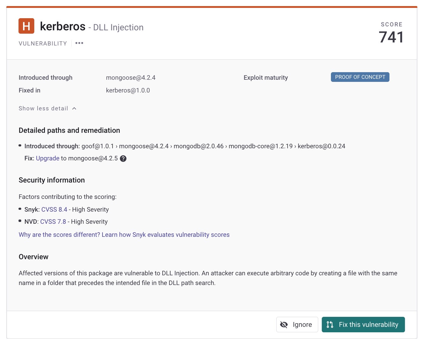 Details zur Schwachstelle Kerberos-DLL-Injection: Score 741, betroffene Paketversionen, Behebung durch ein Upgrade von mongoose und hohe CVSS-Schweregrade.