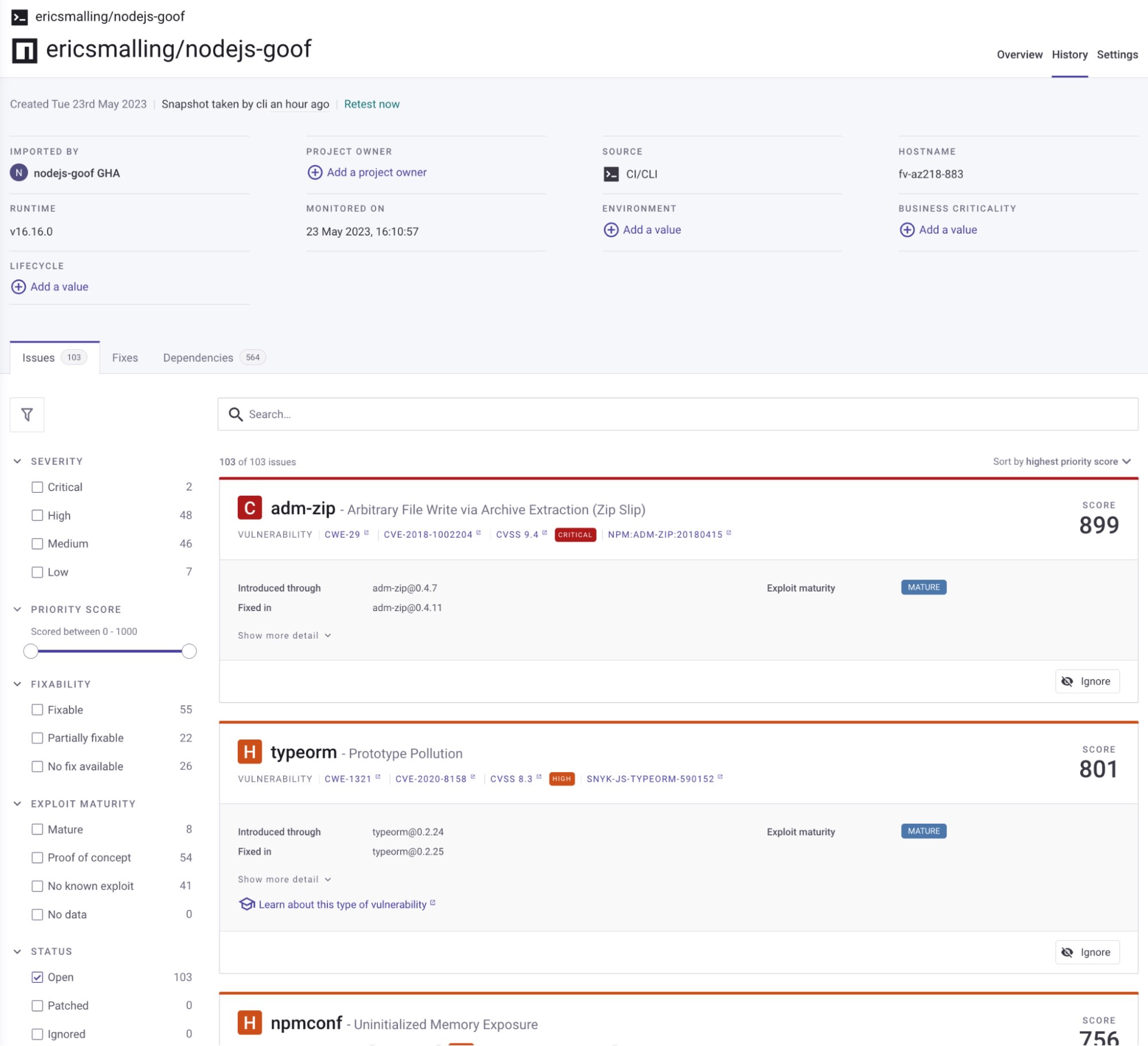 Sicherheits-Dashboard für ericsmalling/nodejs-goof mit 103 offenen Abhängigkeitsschwachstellen, darunter Probleme mit adm-zip und typeorm.