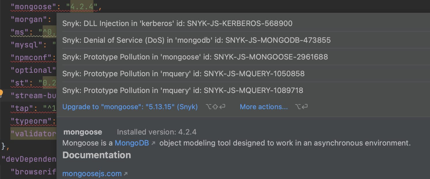 Code-Editor mit Warnungen zu Sicherheitslücken in JavaScript-Paketen und der Empfehlung, Mongoose von Version 4.2.4 auf 5.13.15 zu aktualisieren.