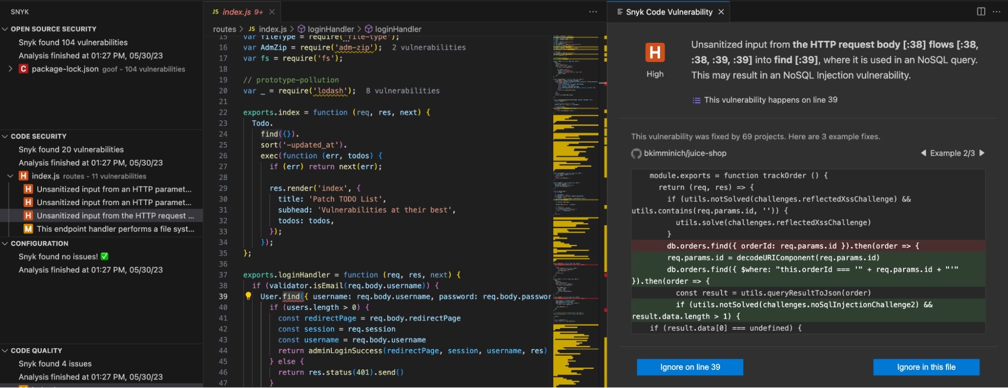 Snyk-Schwachstellenprüfung in einem Code-Editor, die zeigt, wie nicht bereinigte HTTP-Eingaben in Zeile 39 in eine NoSQL-Abfrage fließen