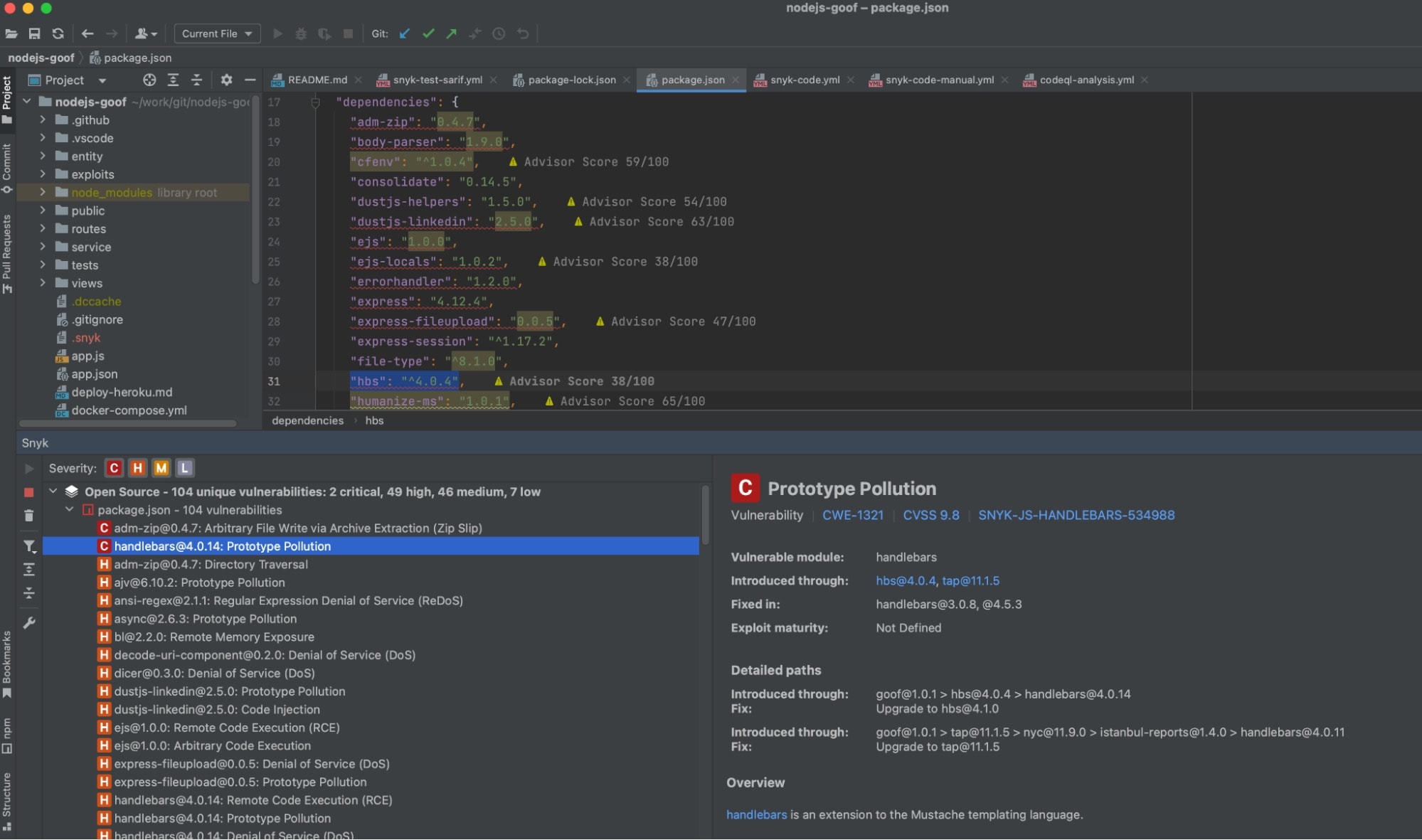 Dunkler Code-Editor mit package.json-Abhängigkeiten und einem Snyk-Bereich, der eine kritische Prototype-Pollution-Sicherheitslücke in Handlebars (CWE-1321) hervorhebt.