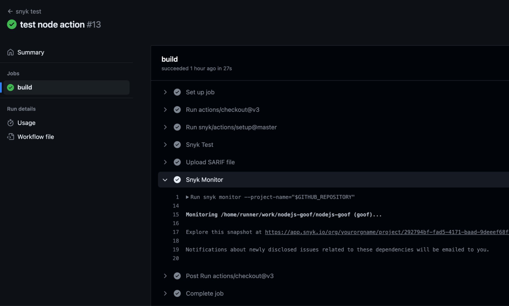GitHub-Actions-Buildlauf mit erfolgreichen Snyk-Test- und Snyk-Monitor-Schritten für ein Node.js-Projekt