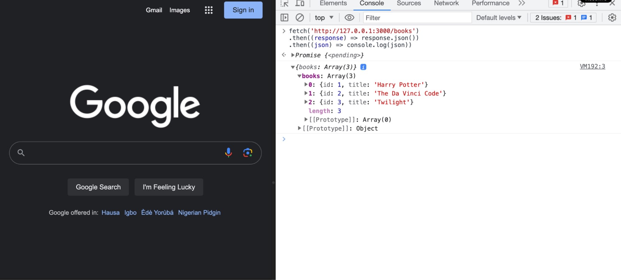 Split screen showing Google homepage and Chrome DevTools Console displaying a fetch request returning an array of three books.