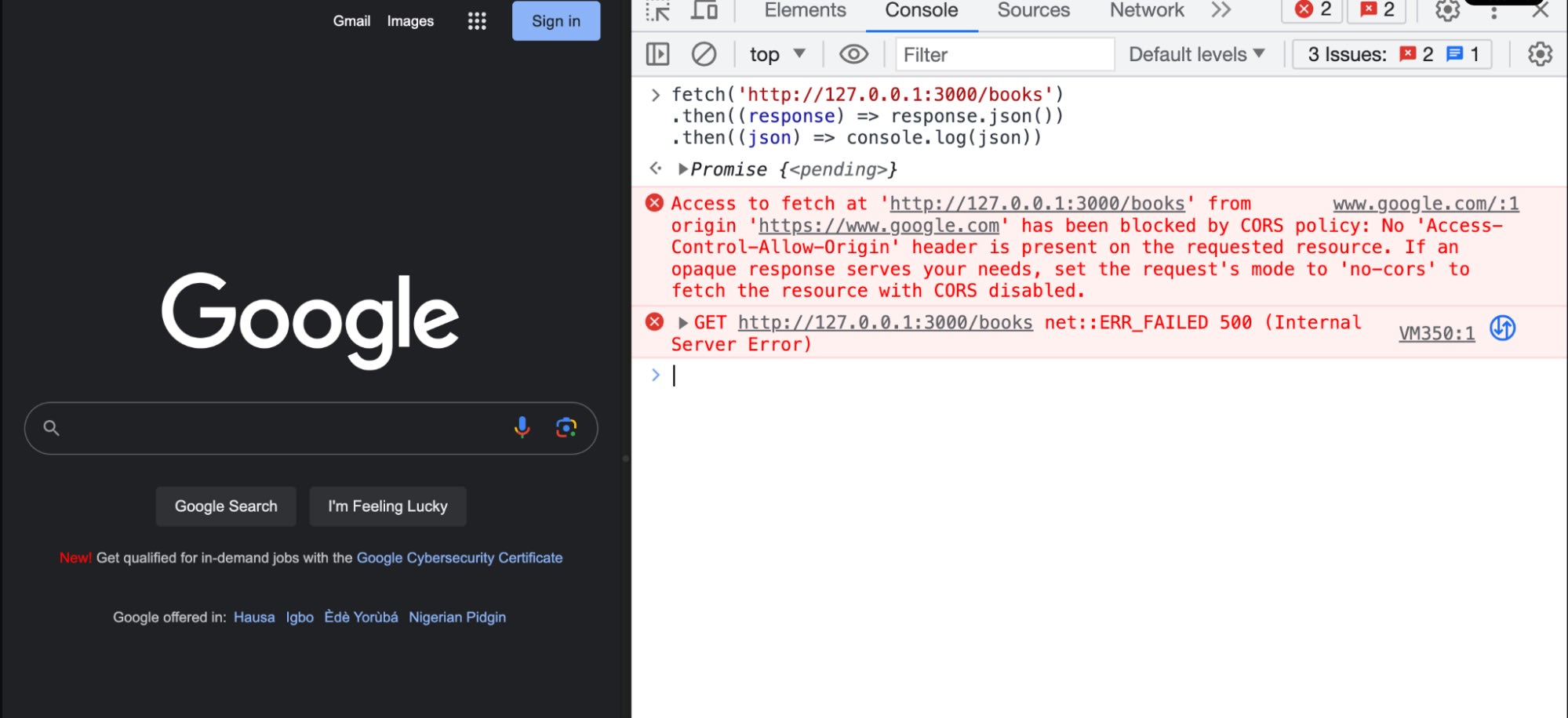 Chrome DevTools Console showing a fetch request blocked by a CORS policy and a 500 Internal Server Error