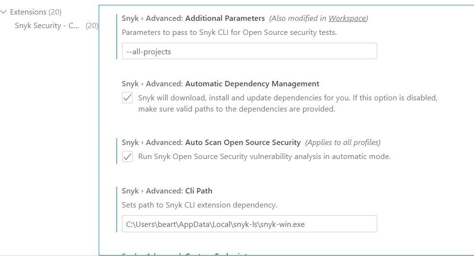 Snyk extension settings showing CLI parameters, automatic dependency management, automatic Open Source security scanning, and the CLI path.