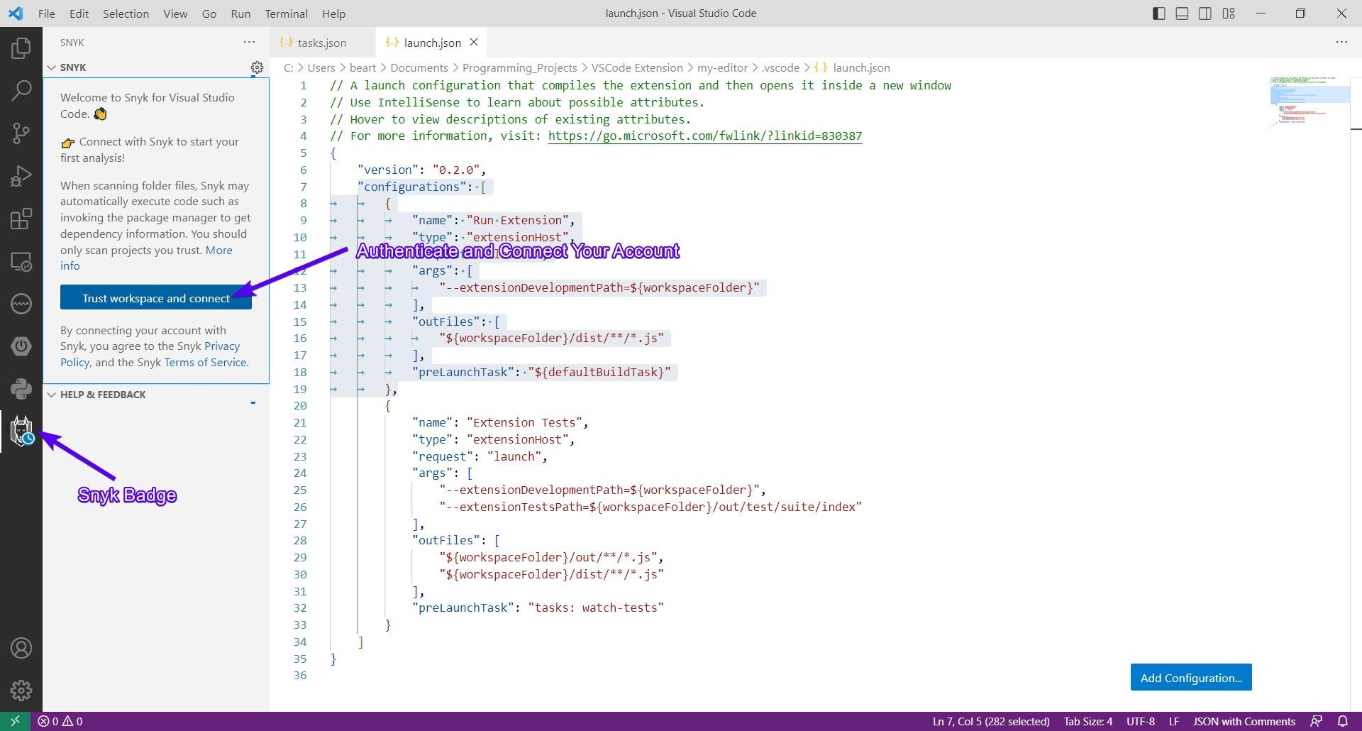 Visual Studio Code showing a Snyk extension panel with a “Trust workspace and connect” button and annotated Snyk badge.