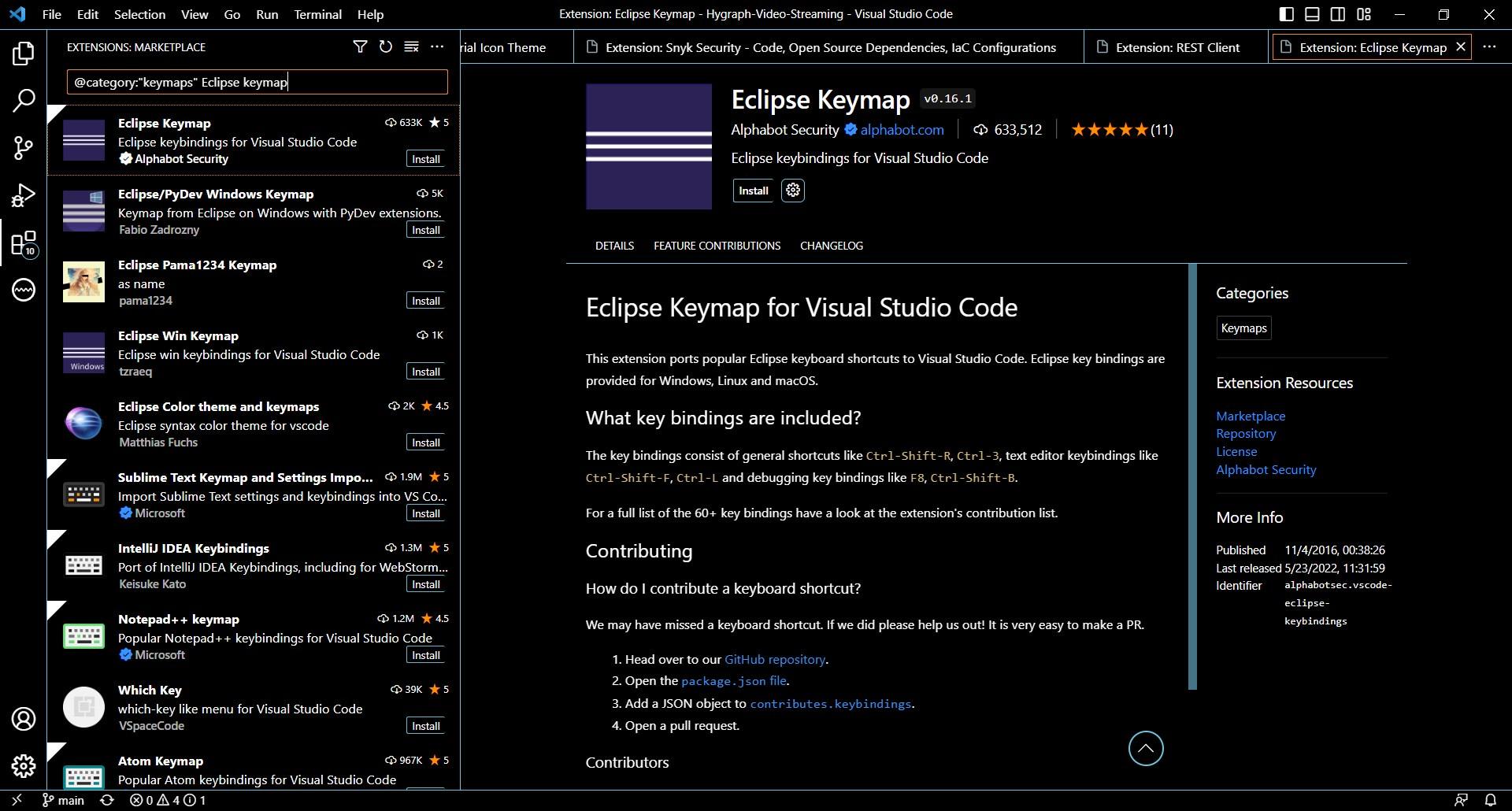 Visual Studio Code Marketplace showing the Eclipse Keymap extension page and search results for Eclipse and other keyboard shortcut extensions.