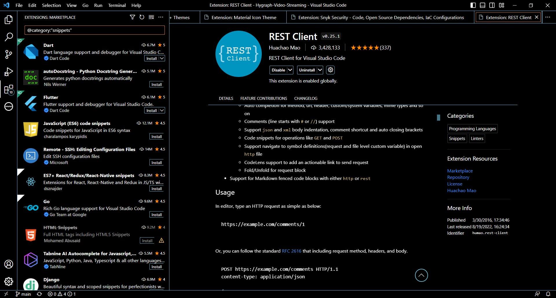 Visual Studio Code displays the REST Client extension page alongside a marketplace list of coding extensions.