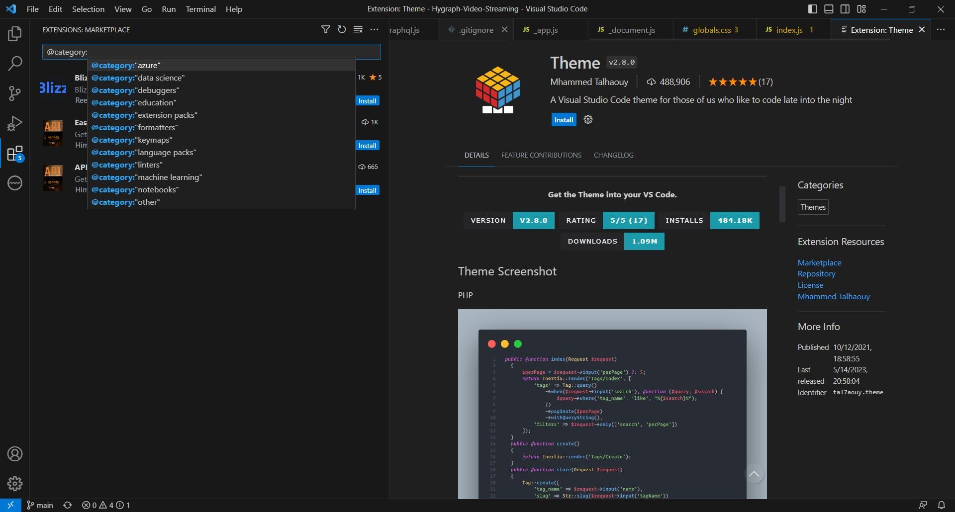 Visual Studio Code Extensions Marketplace showing the Theme extension page, installation details, ratings, and a PHP code screenshot.