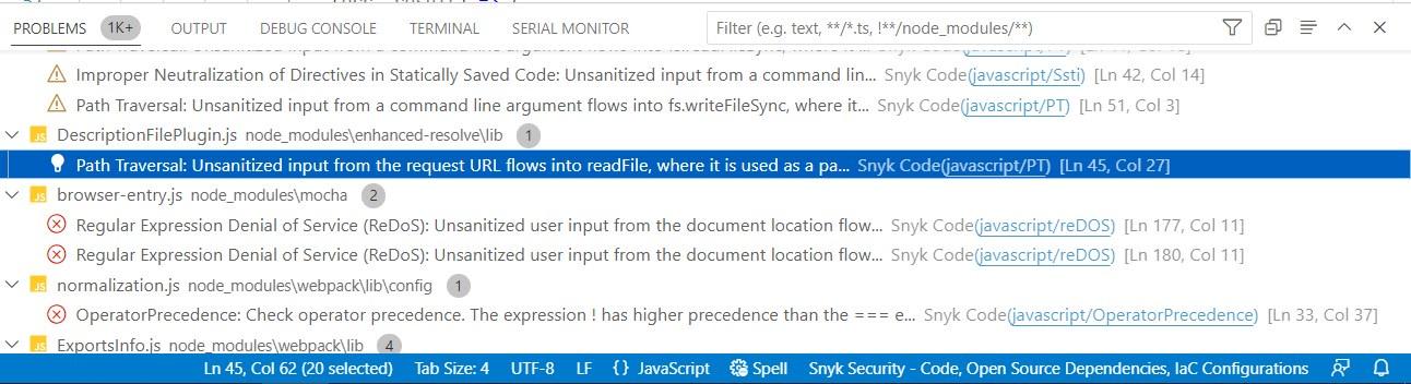 Code editor showing Snyk security warnings for path traversal, regular expression denial of service, and operator precedence issues.