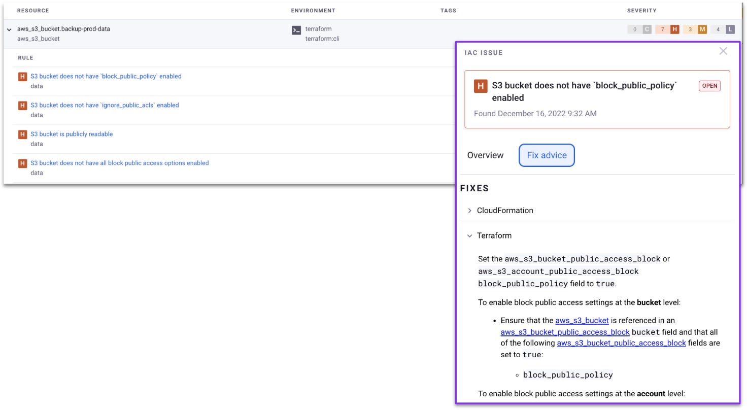 Snyk IaC issues dashboard showing AWS S3 bucket findings and a Terraform fix panel for enabling block public access.