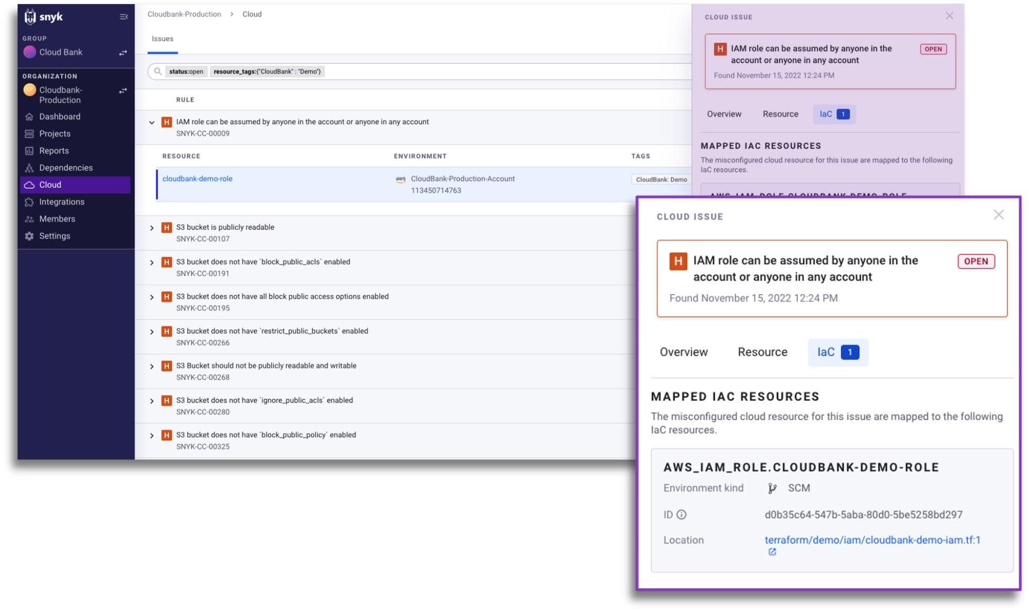 Snyk Cloud issue panel maps an IAM role misconfiguration to its Terraform IaC resource and source file location.