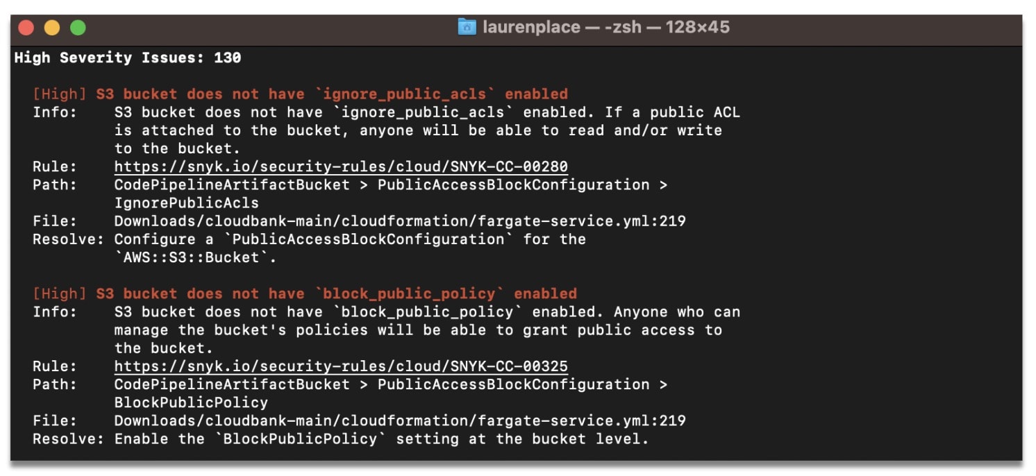 Terminal scan showing 130 high-severity issues, including AWS S3 buckets lacking public access protections.