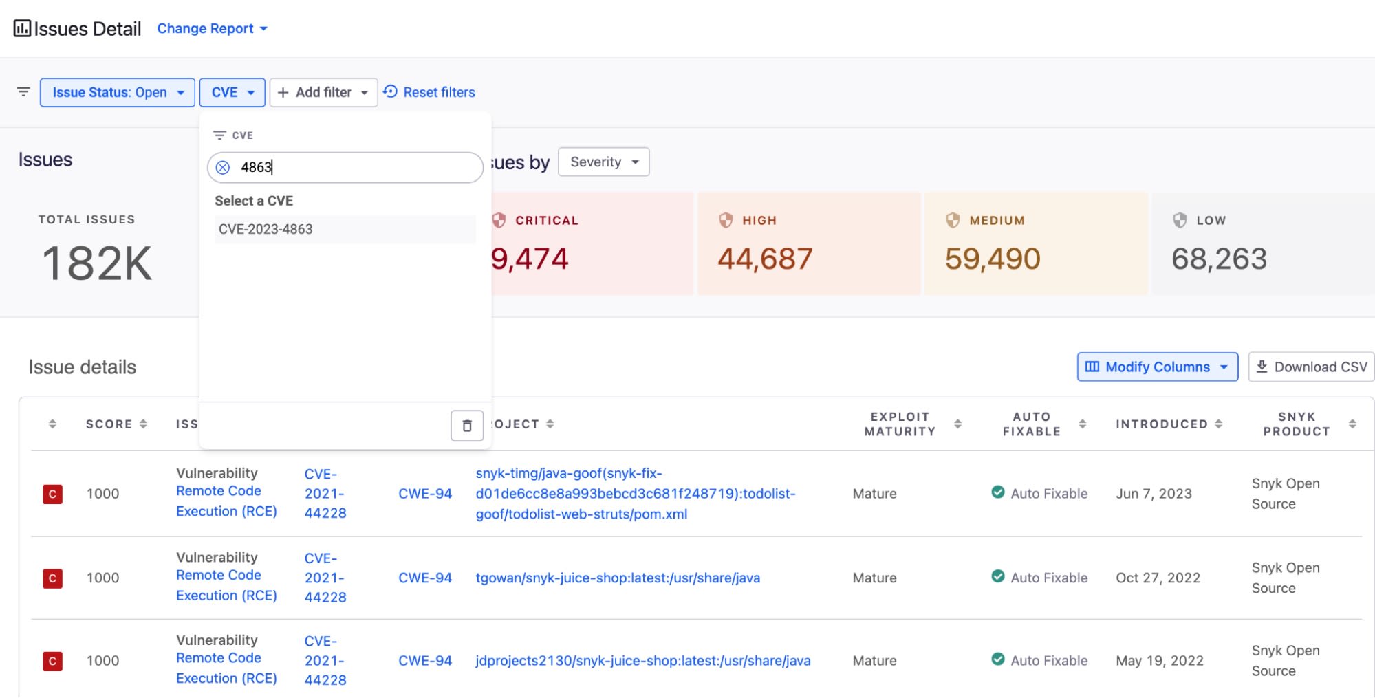Painel de problemas com o filtro CVE em busca de CVE-2023-4863, exibindo o total de vulnerabilidades por gravidade e os detalhes dos problemas.