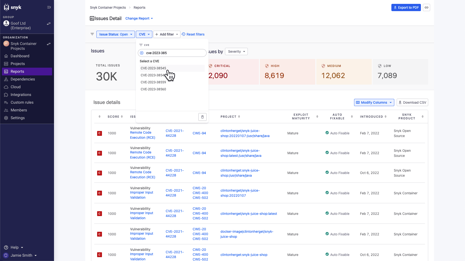 Relatório de detalhes de problemas do Snyk com o filtro CVE aberto e CVE-2023-38545 selecionado no menu suspenso