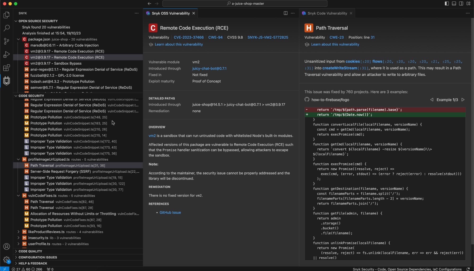 Snyk security extension in Visual Studio Code displaying open-source vulnerabilities, including remote code execution and path traversal findings.