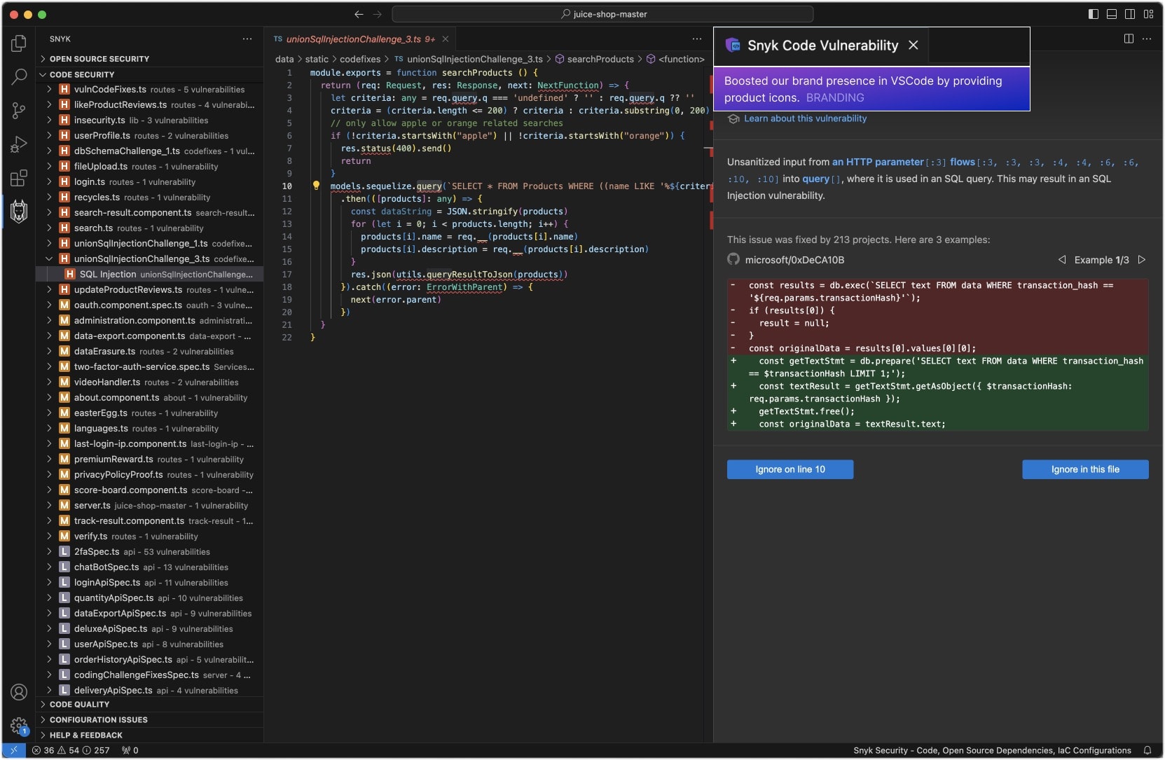 Visual Studio Code displays a Snyk Code vulnerability panel identifying unsanitized HTTP input in an SQL query and showing a code fix.