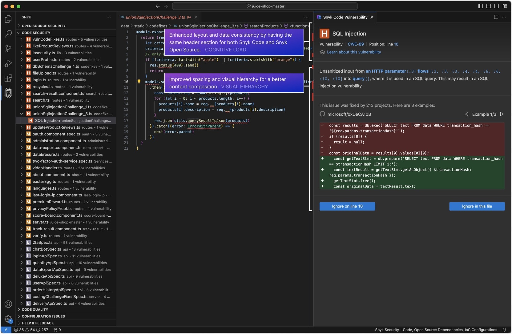 Snyk security panel in Visual Studio Code showing an SQL injection vulnerability and remediation code beside the source file