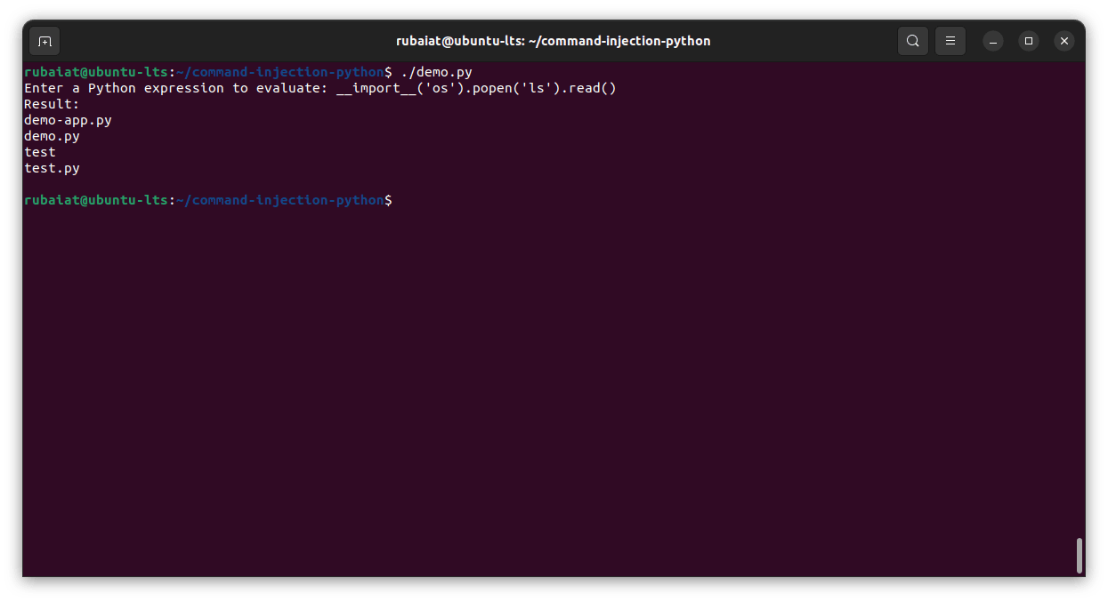 Terminal running demo.py with a Python expression using os.popen('ls').read(), displaying directory contents.