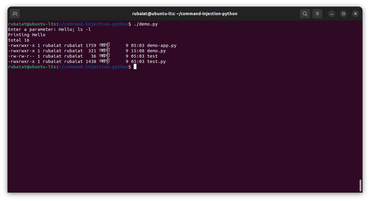 Ubuntu terminal showing a Python demo receiving “Hello; ls -l” and printing “Hello” followed by a directory listing.