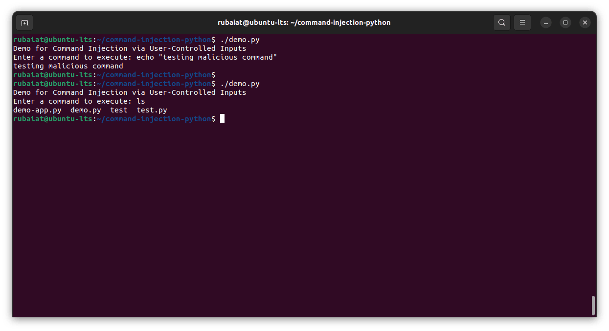 Ubuntu terminal demonstrating a Python command injection test with a malicious command and directory listing