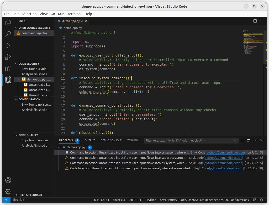 Visual Studio Code displays Python code with Snyk warnings for command injection from unsanitized user input.