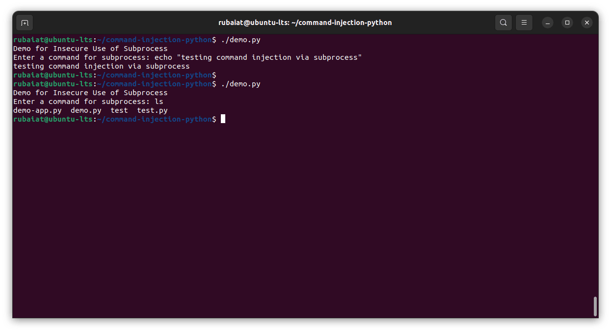 Ubuntu terminal demonstrating Python subprocess command injection by running echo and ls commands.