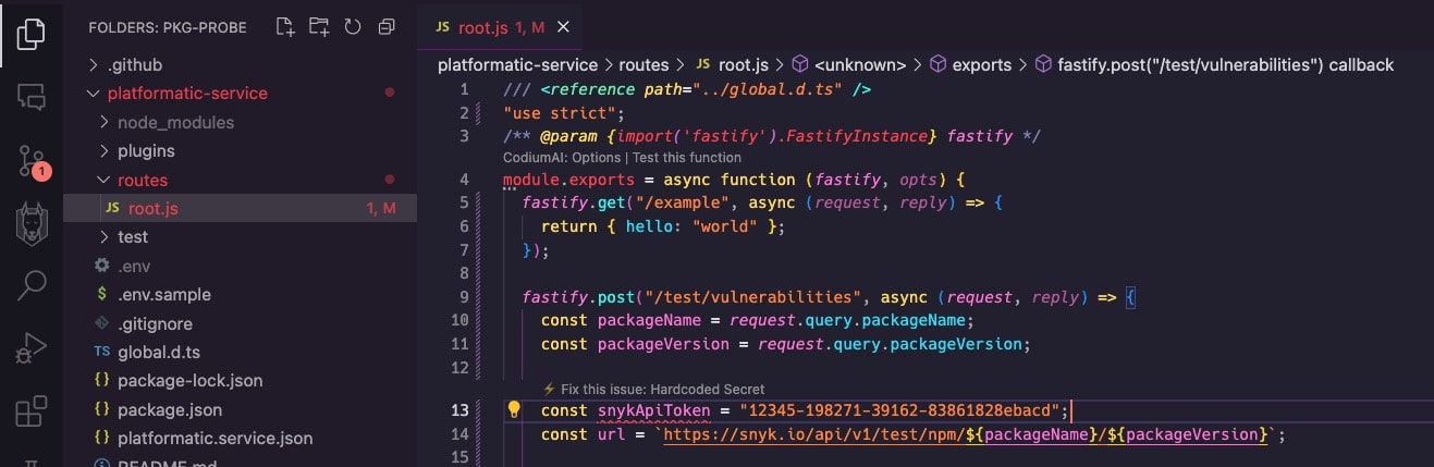 Editor de código exibindo uma rota Node.js com um token de API do Snyk embutido no código e destacado.