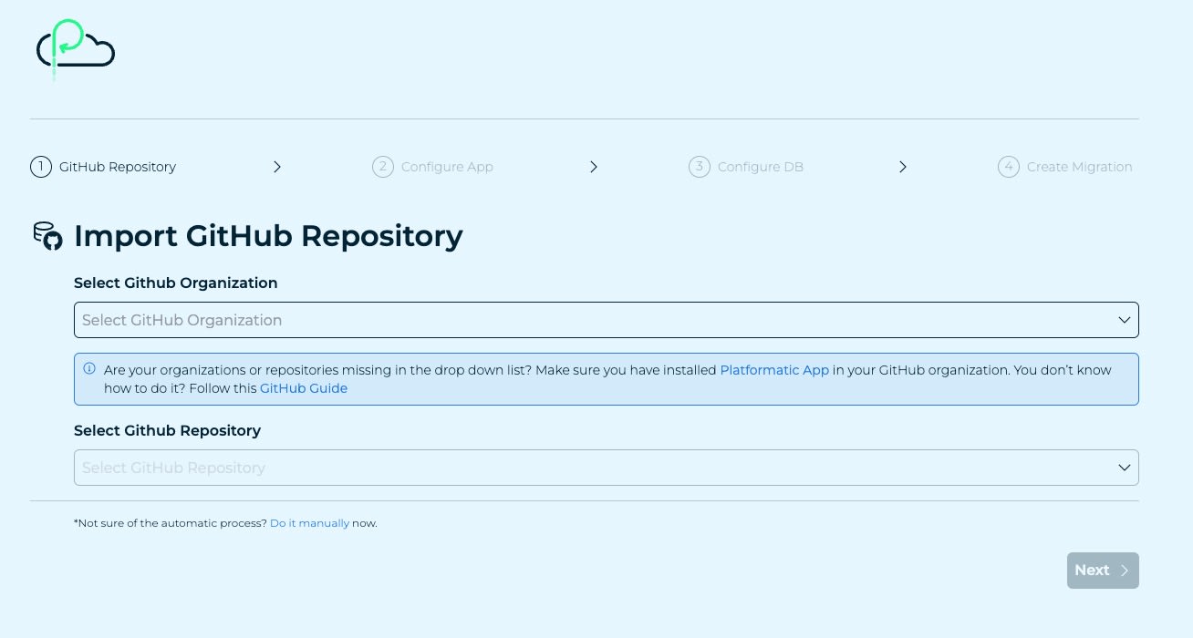 Tela de importação do Platformatic exibindo a etapa Repositório do GitHub, com menus suspensos de organização e repositório e um botão Avançar