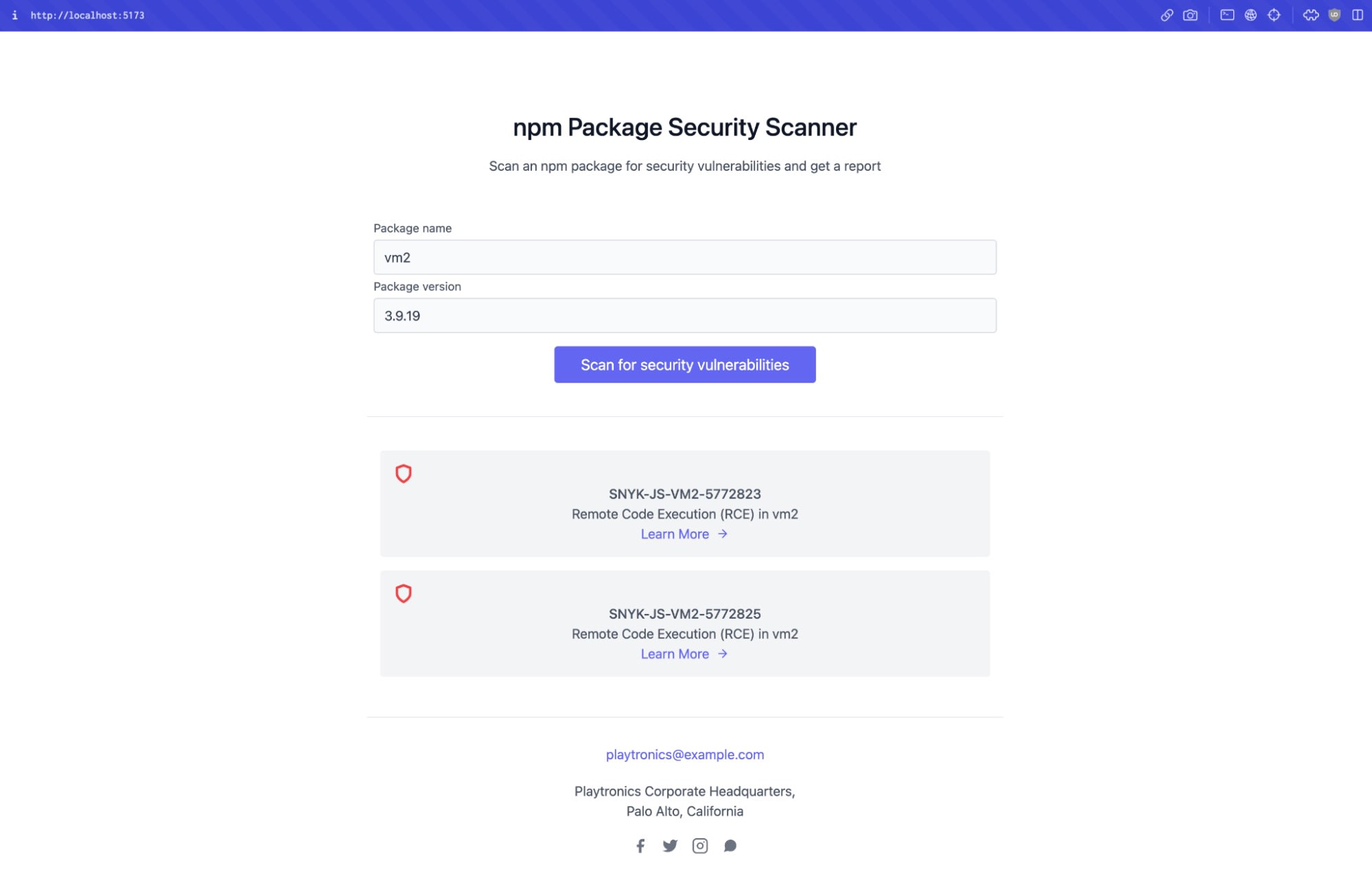 Scanner de segurança de pacotes npm exibindo a versão 3.9.19 do vm2 e dois relatórios de vulnerabilidades de execução remota de código