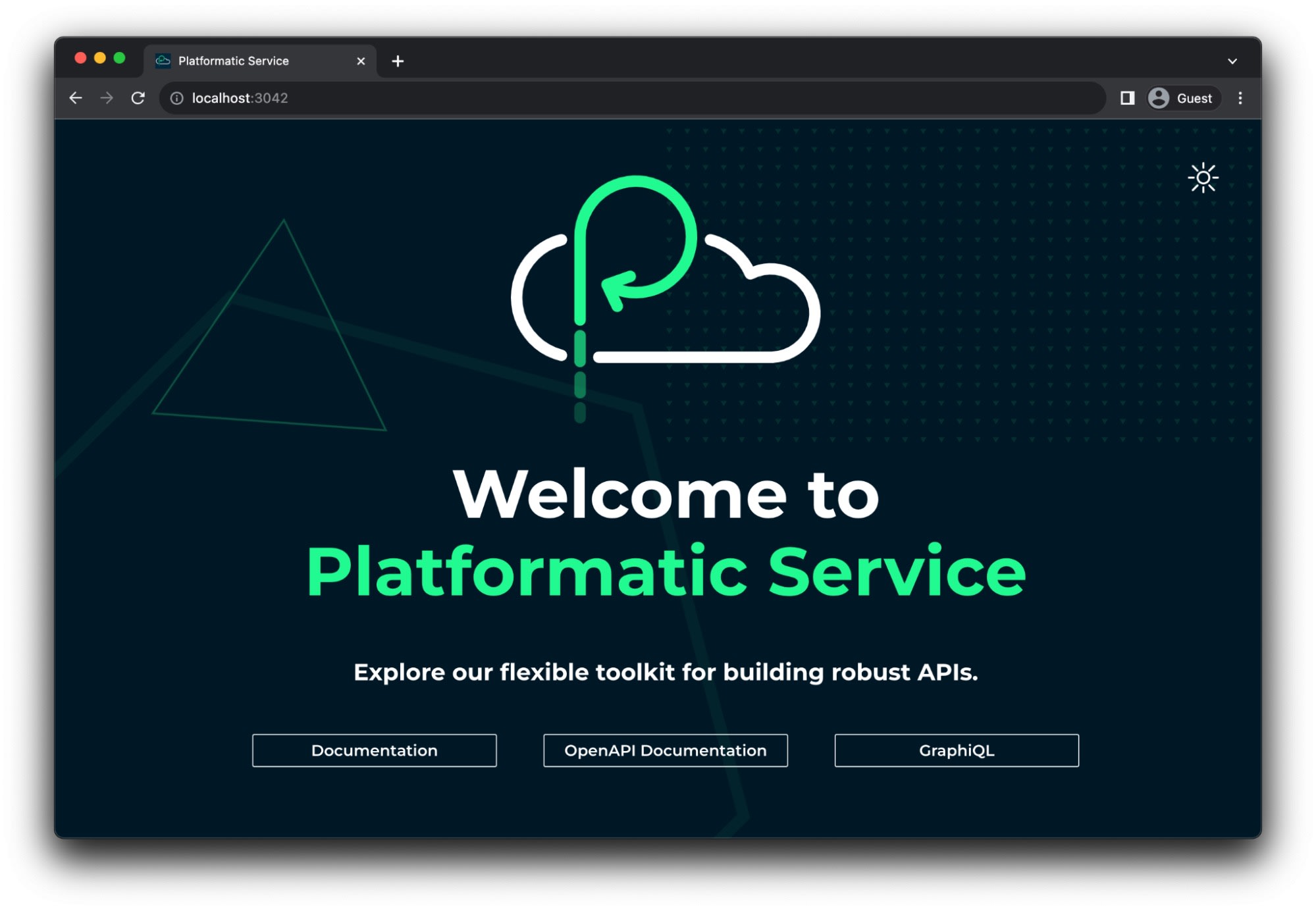 Página de boas-vindas do Platformatic Service exibindo links para a documentação, a documentação do OpenAPI e o GraphiQL.