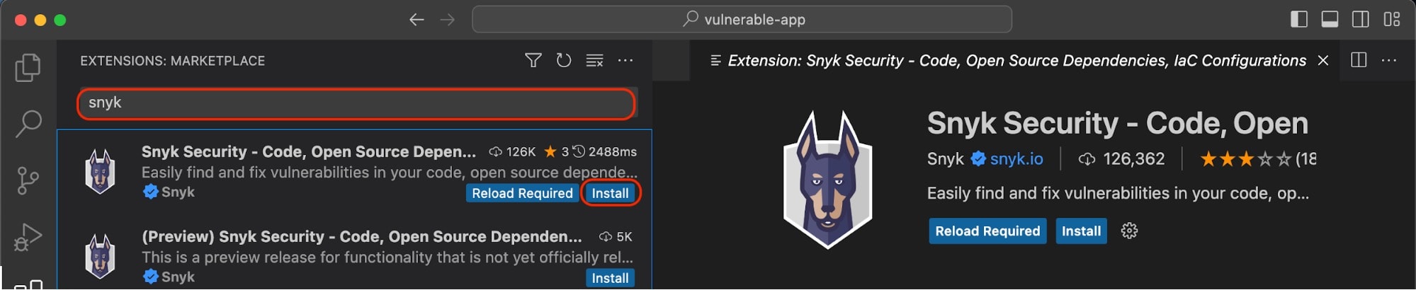 Visual Studio Code Marketplace showing a search for “snyk” and the Snyk Security extension with Install buttons.