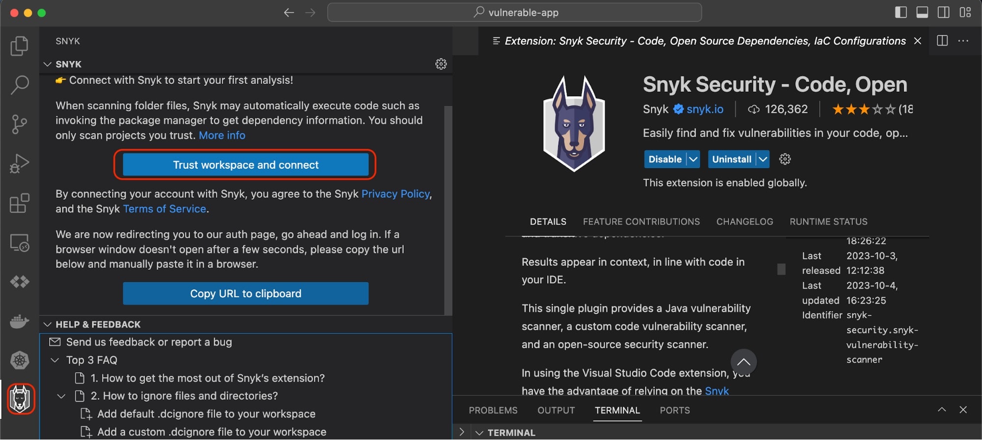 Visual Studio Code showing the Snyk extension with a highlighted “Trust workspace and connect” button and vulnerability scanner details.