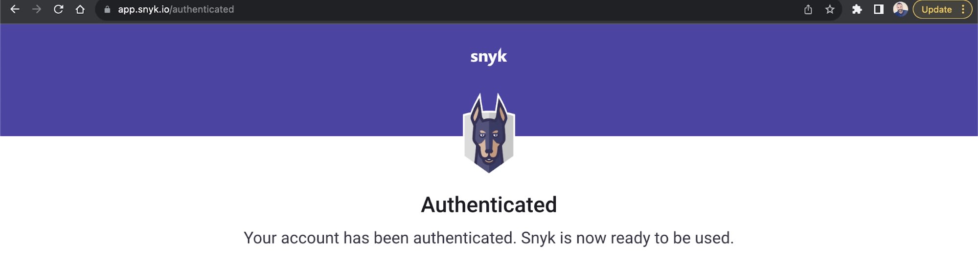Snyk authentication confirmation page showing the message “Authenticated” and “Your account has been authenticated. Snyk is now ready to be used.”