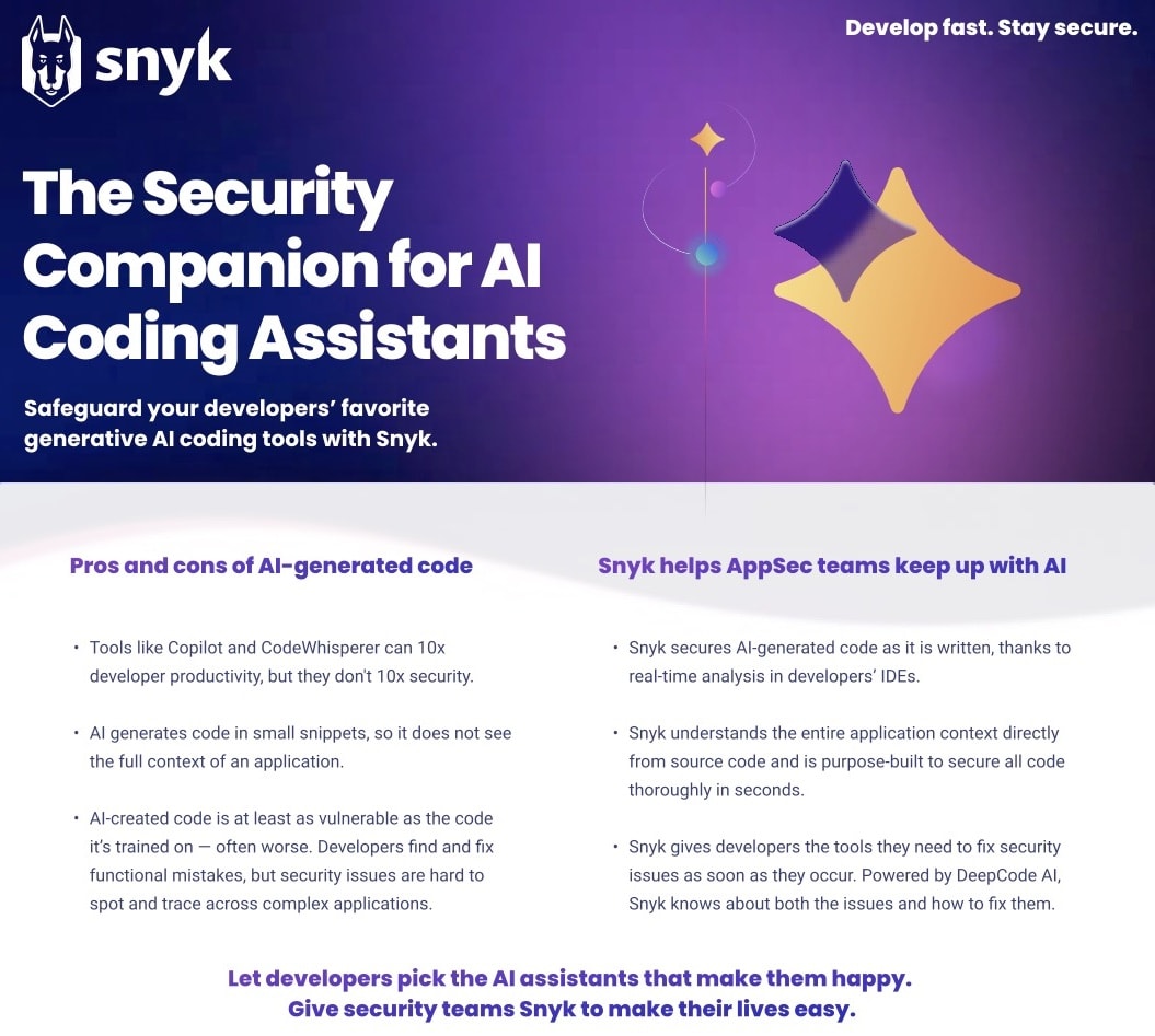 「AIコーディングアシスタントのためのセキュリティコンパニオン」と題したSnykのガイド。AI生成コードのセキュリティ確保と、アプリケーションセキュリティチームについて説明しています。