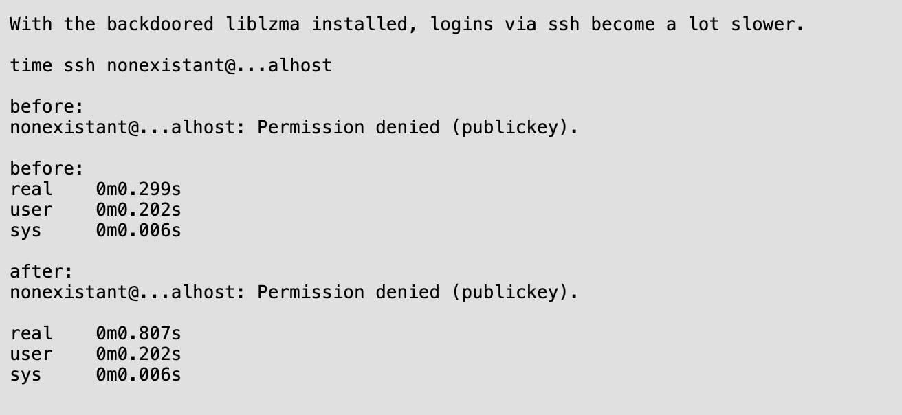A screenshot demonstrating the impact of a backdoor that slows down the ssh program.