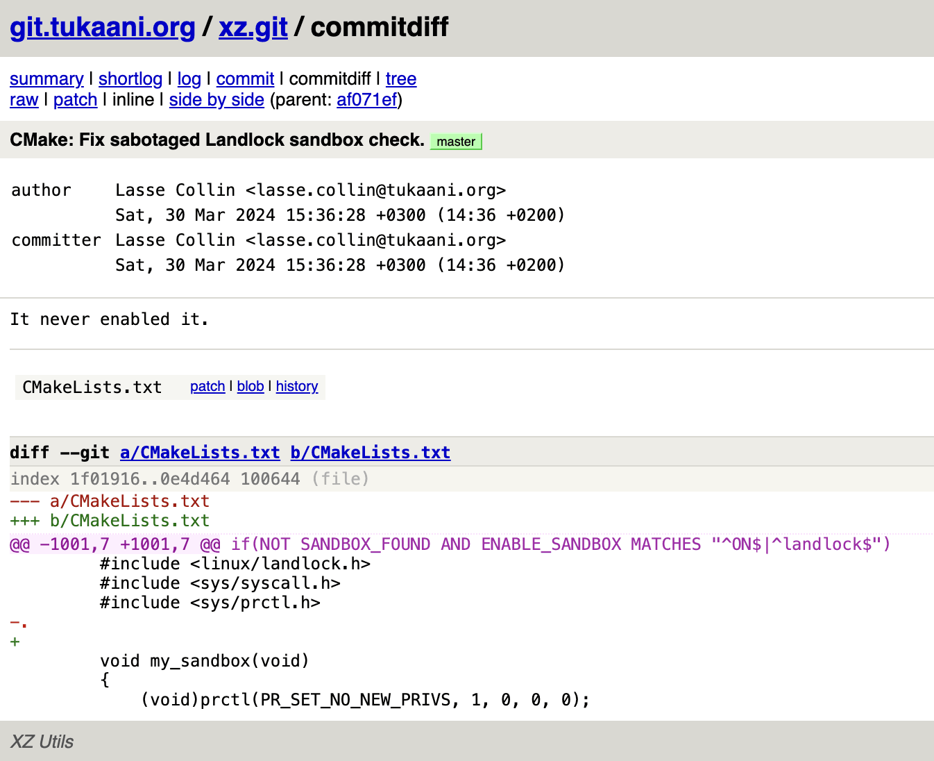 Lasse Collin git commit to revert the CMake build tool security bypass.