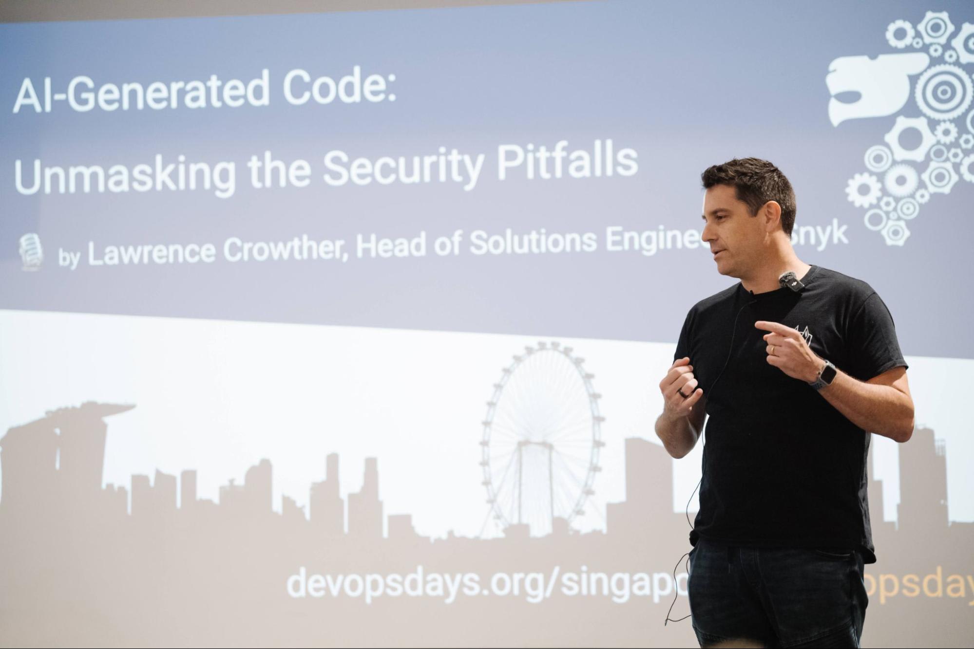 Speaker presents “AI-Generated Code: Unmasking the Security Pitfalls” at a DevOpsDays Singapore event.