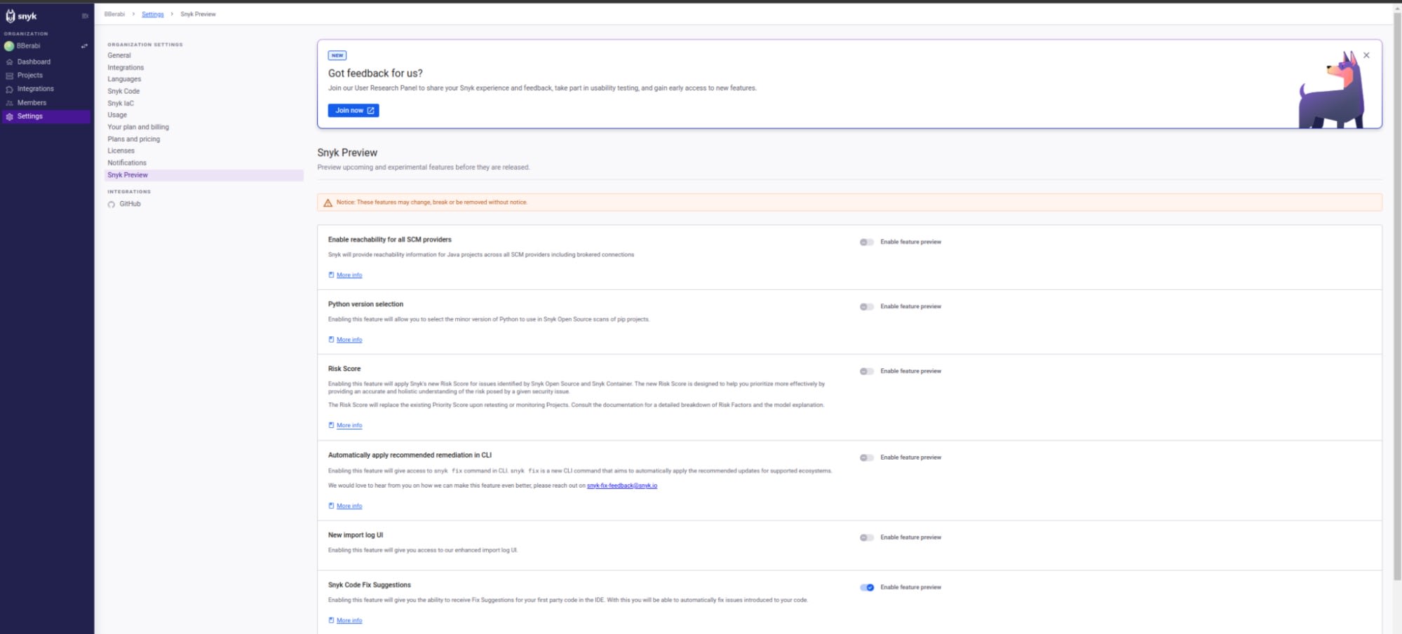 Page des paramètres de Snyk Preview affichant des fonctionnalités expérimentales avec des boutons d’activation, notamment les suggestions de correction de Snyk Code