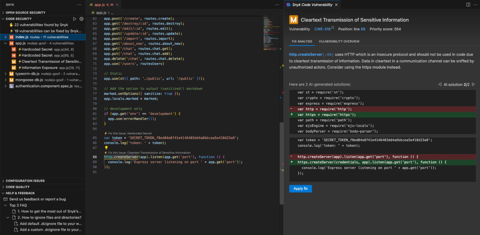 Panneau de sécurité Snyk Code mettant en évidence une vulnérabilité liée à la transmission de données en clair et un correctif généré par l’IA qui remplace HTTP par HTTPS en JavaScript.